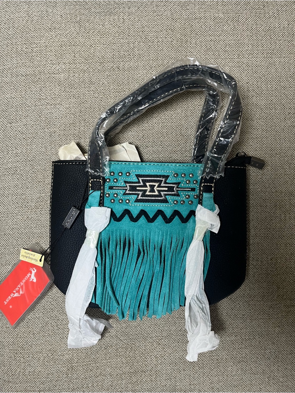 Montana West Turquoise & Black Fringe Mini Tote with Southwestern Embroidery